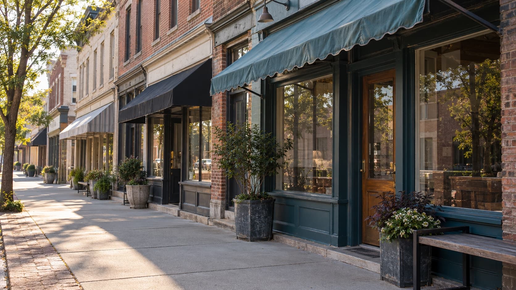 A row of small shops with awnings along a sunny main street.