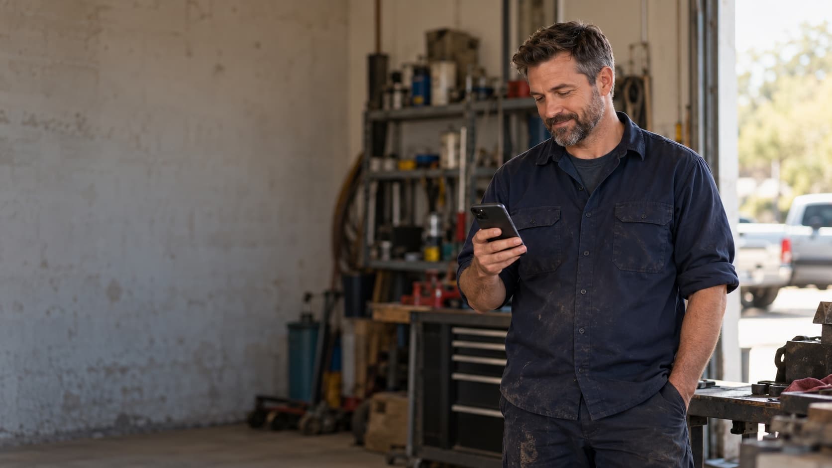 A man in work clothes reads a message on his phone in a repair shop.
