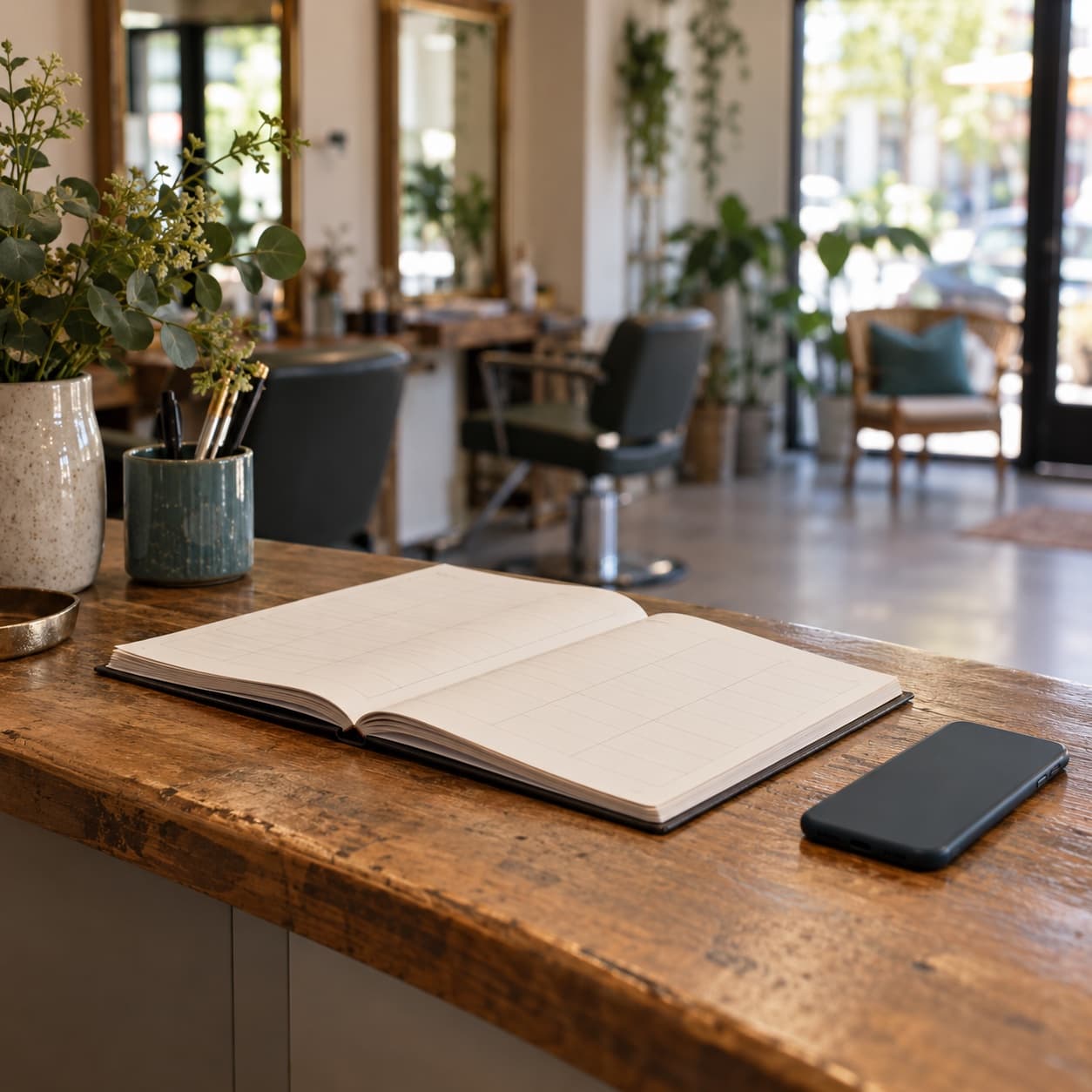 An open appointment book and a phone on a wooden front desk in a quiet salon.
